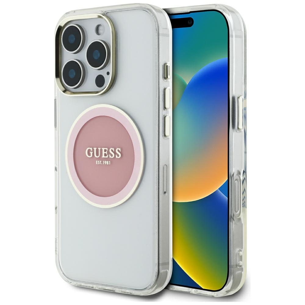 Калъф за iPhone 16 Pro Max - Guess IML Metal Colored Circle MagSafe (GUHMP16XHTDRCEDP) - Розов