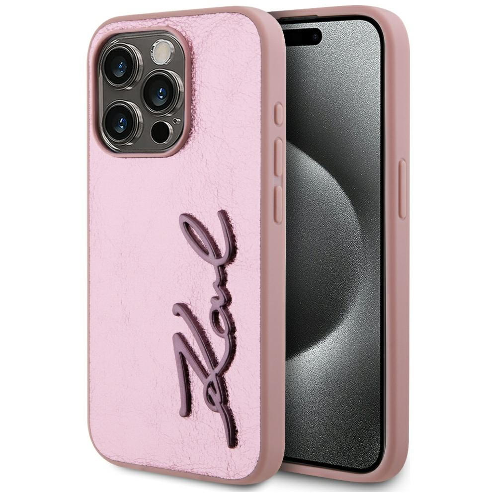 Калъф за IPhone 15 Pro Max - Karl Lagerfeld Hardcase Leather (KLHCHCP15XPFMFBKMP) - розов метален подпис