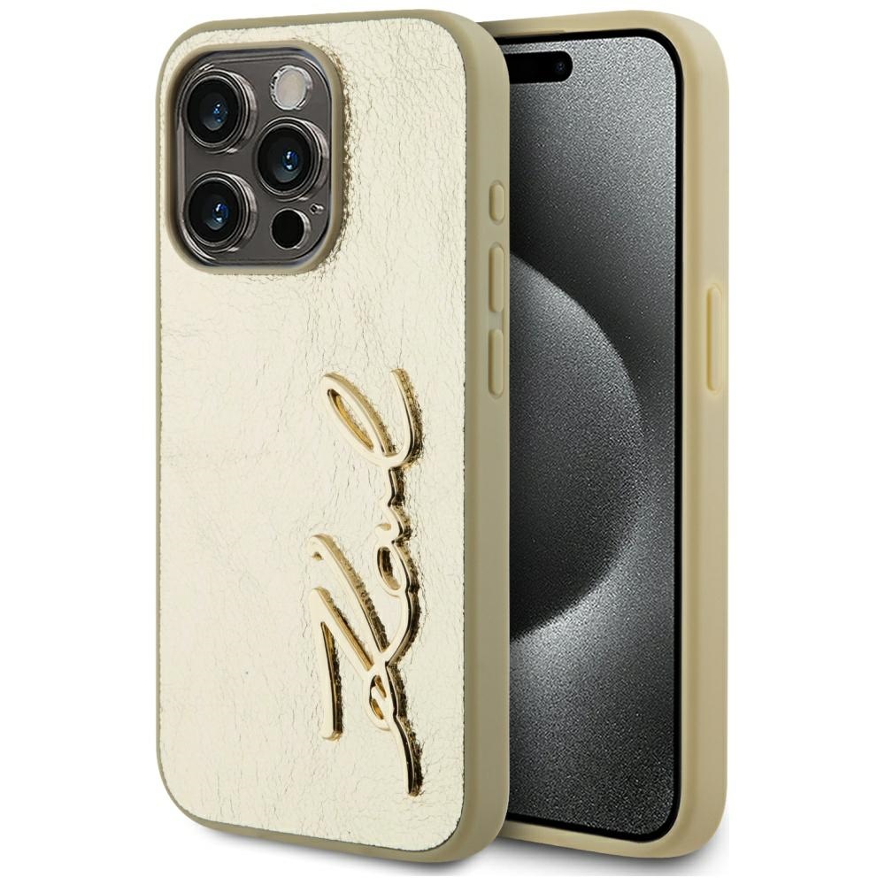 Калъф за IPhone 15 Pro Max - Karl Lagerfeld Hardcase Leather (KLHCHCP15XPFMFBKMD) - Златист Metal Signature