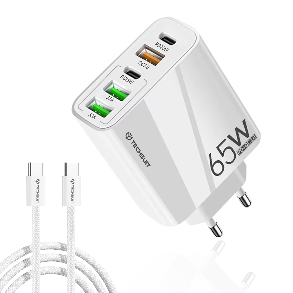 Многопортово зарядно устройство Priza, USB, Type-C, 65W, USB-C кабел - Techsuit PentaXPower (CHC2) - Бял