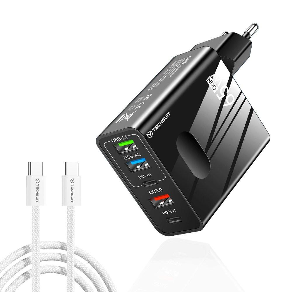 Priza Multiport Charger, GaN, USB, Type-C, 65W, USB-C кабел - Techsuit PentaXPower (CHC1) - Черен