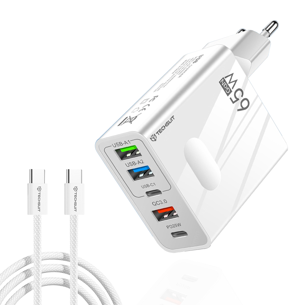 Многопортово премиум зарядно устройство, GaN, USB, Type-C, 65W, USB-C кабел - Techsuit PentaXPower (CHC1) - Бял