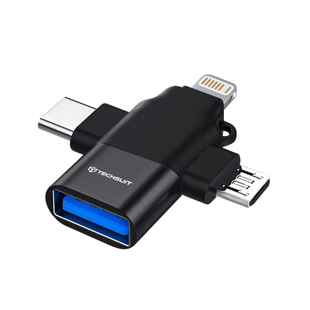 Многопортов адаптер, USB към Micro-USB, Type-C, Iphone, алуминий - Techsuit AluCoreX (A17) - Черен
