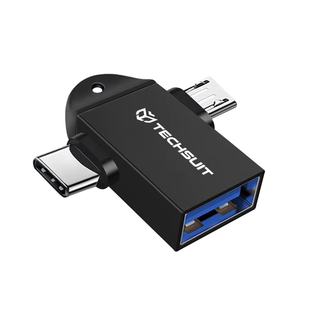 Многопортов адаптер, USB към Micro-USB и Type-C, алуминий - Techsuit TwoVoltX (A16) - Черен