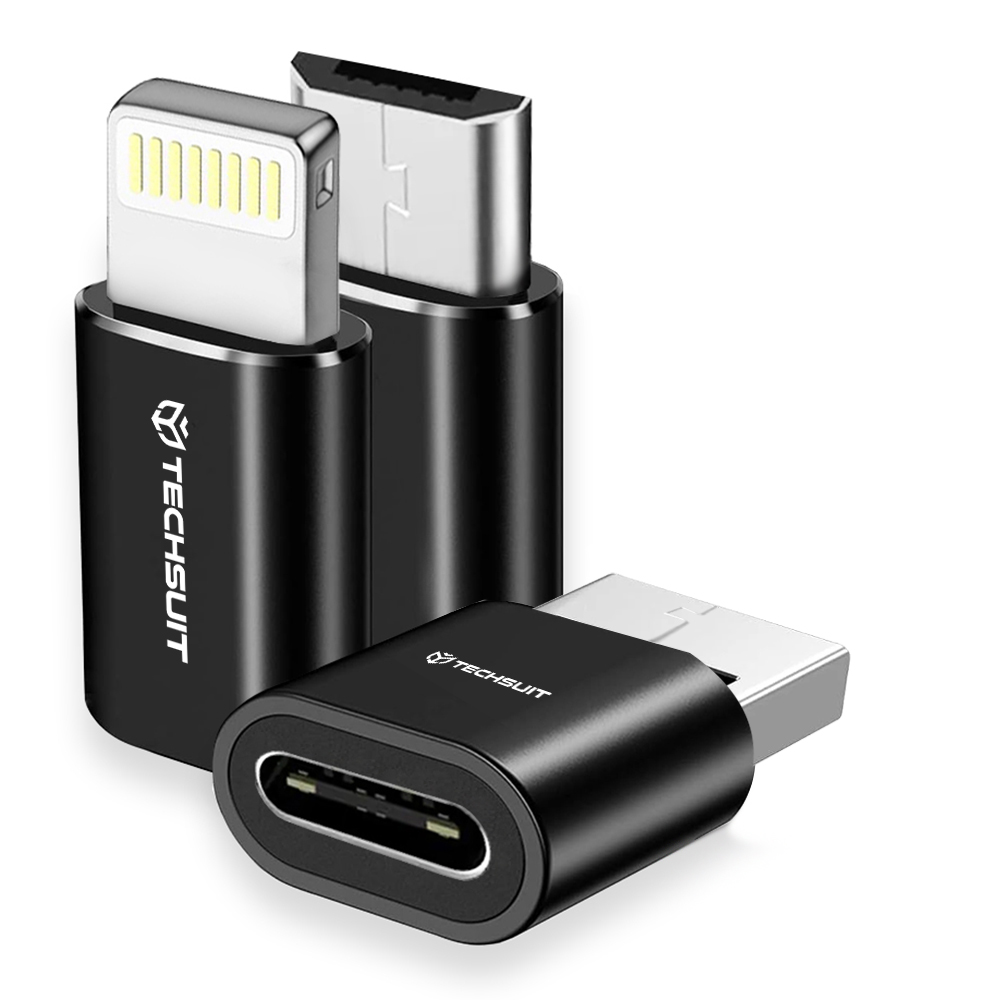 Адаптери Type-C към 1x USB, 1x Micro-USB, 1x Lightning, алуминий (комплект 3) - Techsuit TriFlashX (A19) - Черен
