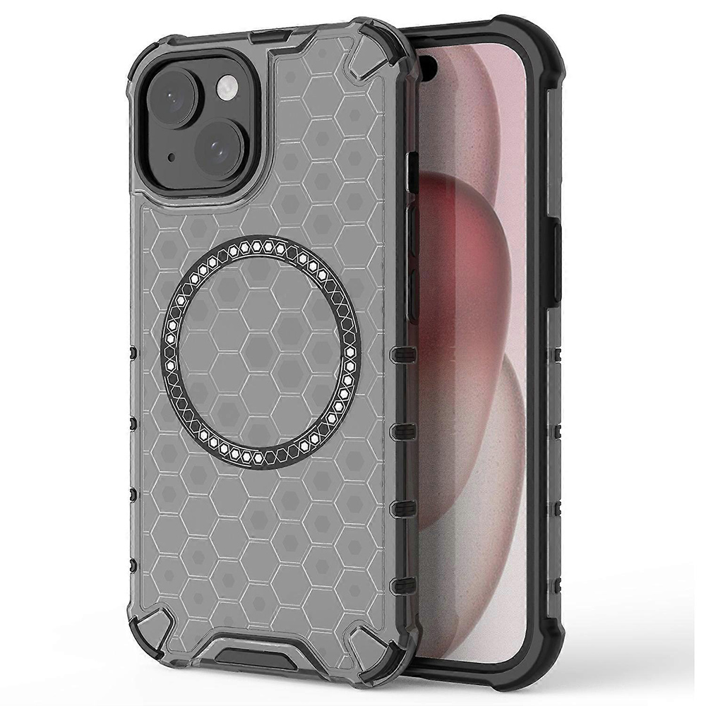 Прозрачен калъф за iPhone 15 - Techsuit HoneyComb Shield MagSafe - Черен