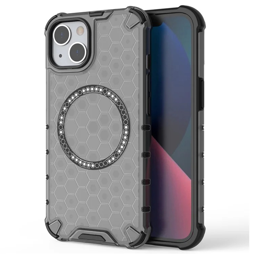 Прозрачен калъф за iPhone 14 - Techsuit HoneyComb Shield MagSafe - Черен