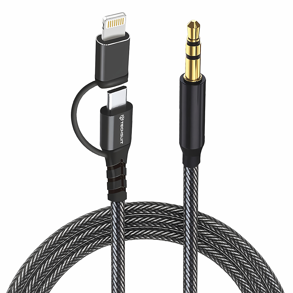 3в1 адаптерен кабел, Jack, iPhone, Hi-Fi, 1m - Techsuit EchoSnap (AC15) - Черен