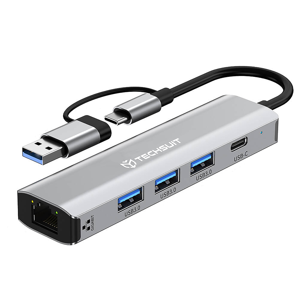 Мултипортов хъб, USB 3.0. USB-C към 3x USB, Type-C, Ethernet RJ45 1000Mbps - Techsuit BoostNetLink 5in2 (H3) - Сив