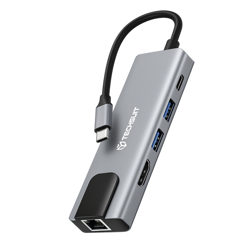 Мултипортов хъб, Type-C към 2x USB, 1x Type-C, 1x HDMI, 1x RJ45 - Techsuit NetBridge 5 в 1 (H1) - Сив