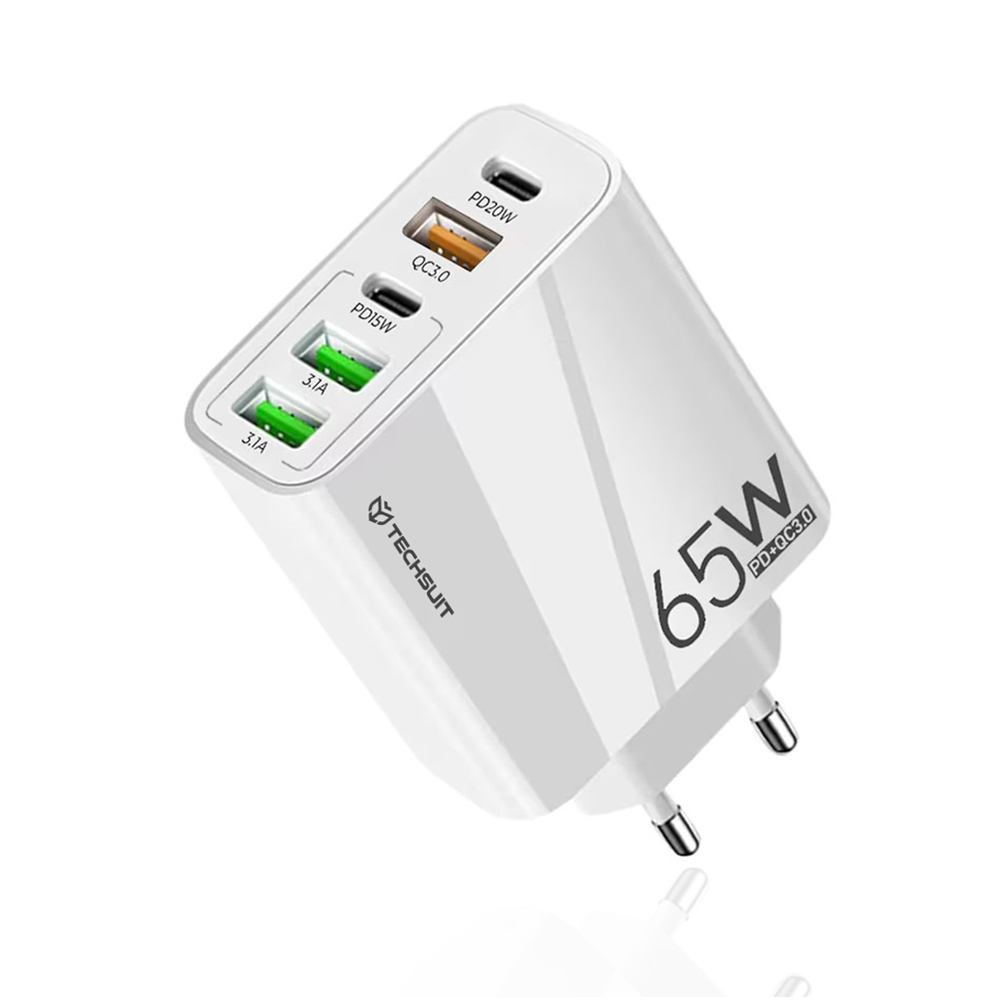 Зарядно устройство Priza Multiport, USB, Type-C, 65W - Techsuit PentaXPower (CHC2) - Бяло