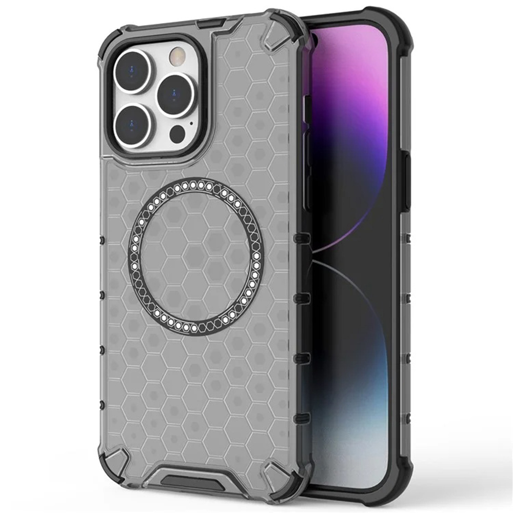 Прозрачен калъф за iPhone 14 Pro - Techsuit HoneyComb Shield MagSafe - Черен