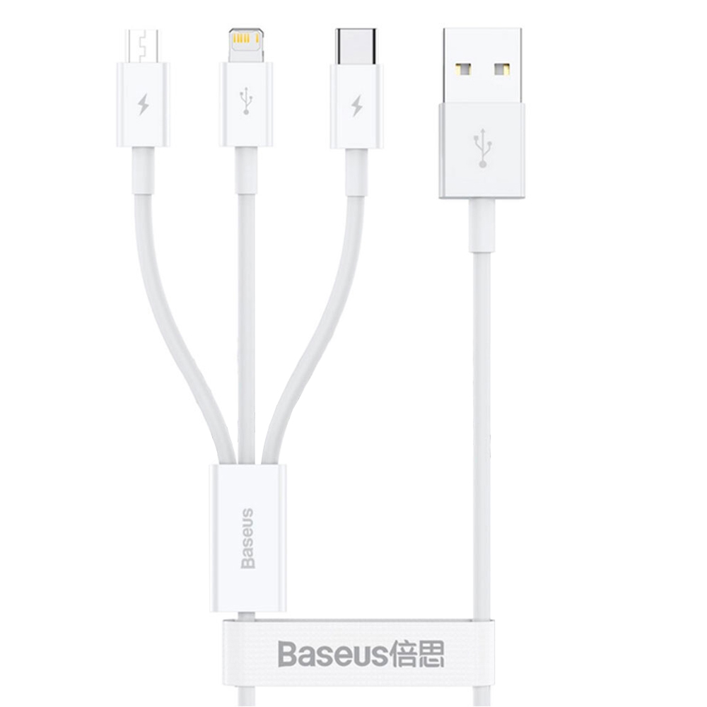 Кабел USB към Type-C, Lightning, Micro-USB, 3.5A, 0.5m - Baseus (P10320105221-01) - Бял