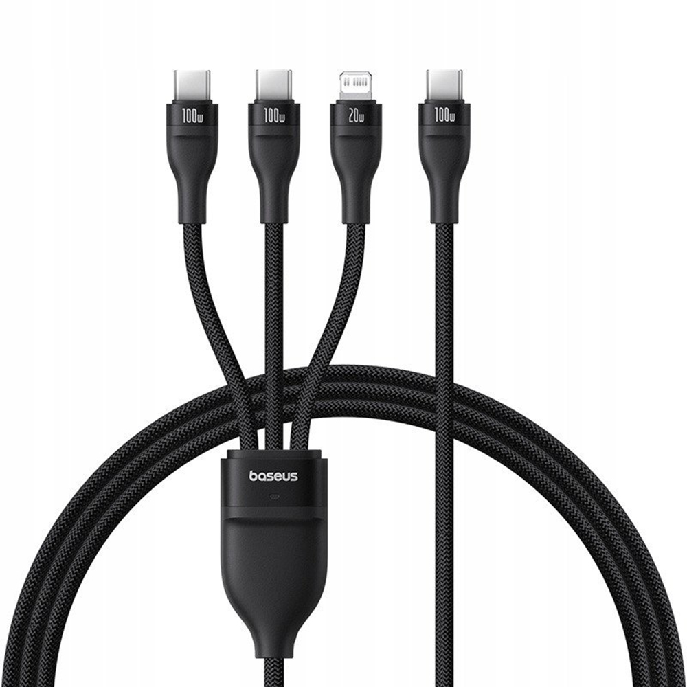 Кабел за данни USB-C към 2x USB-C, Lightning, 100 W, 480 Mbps, 1,5 м - Baseus Flash Series 3 (P1037750502111-00) - Черен