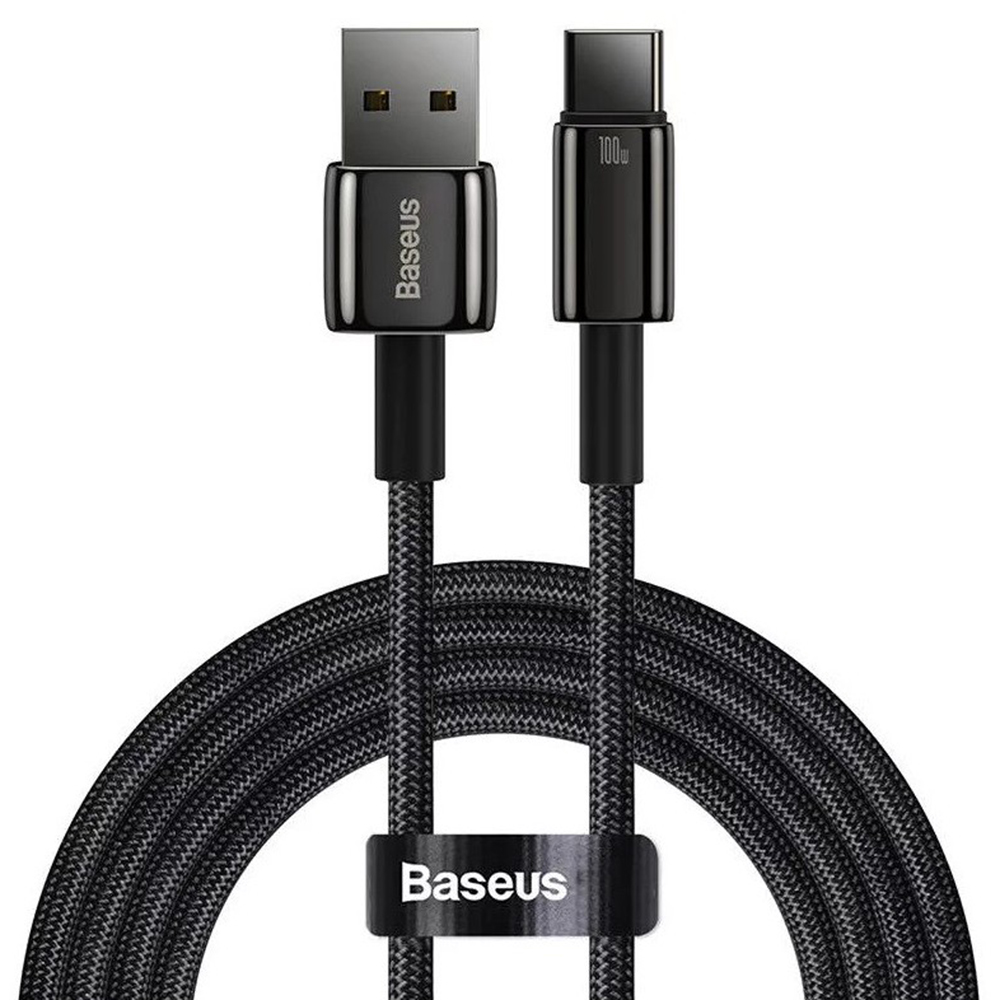 Кабел USB към Type-C, супер бързо зареждане, 100 W, 480 Mbps, 2 м - Baseus Tungsten Златист (CAWJ000101) - Черен