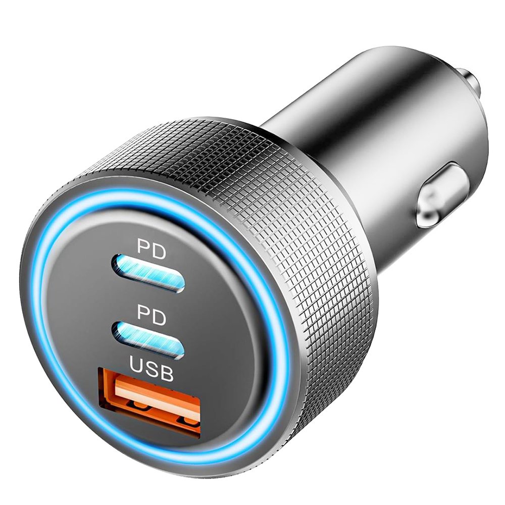 3-в-1 USB зарядно за кола, 2x Type-C, 60W - Techsuit DriveBoost (C6) - сребристо