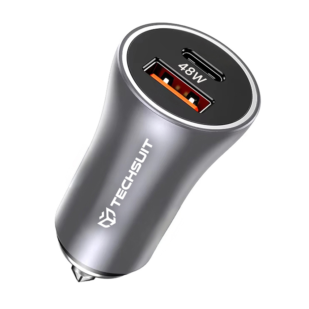 Зарядно за кола с функция за счупване на прозорец, USB, Type-C, 48W, 5V/3A - Techsuit RescueVolt (C3) - сиво