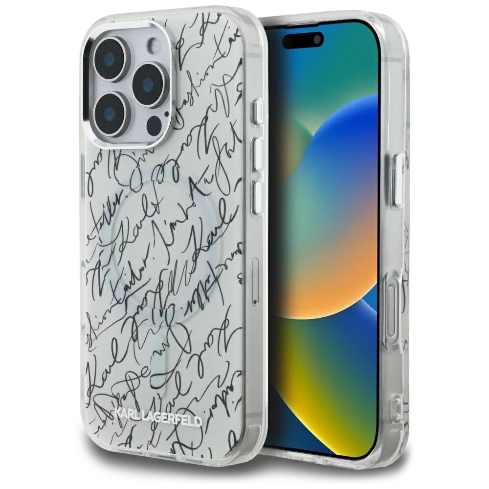 Калъф за iPhone 16 Pro - Karl Lagerfeld IML IML MagSafe Karl Script Pattern (KLHMP16LHMSPUSH) - Бял