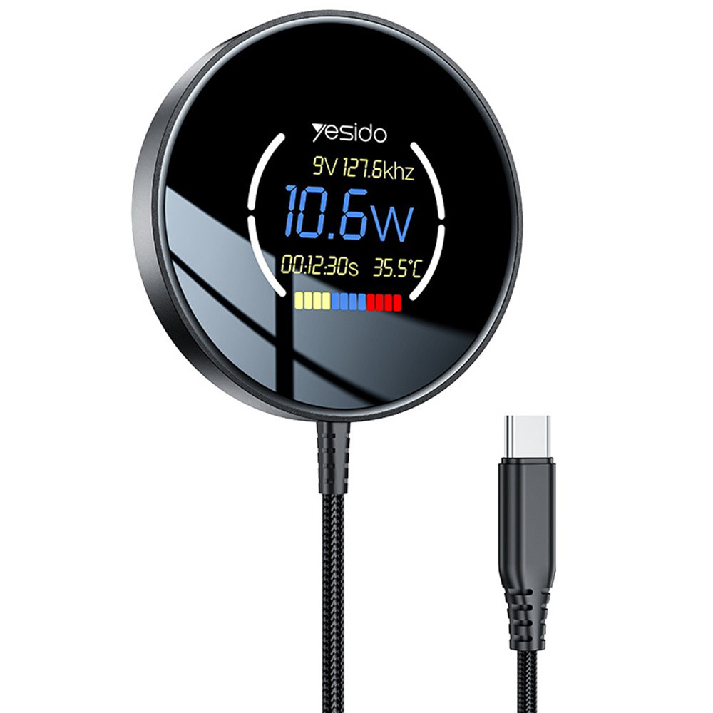 Магнитно зарядно устройство с цифров дисплей, 15 W, кабел Type-C, 1,2 м - Yesido (DS28) - черно