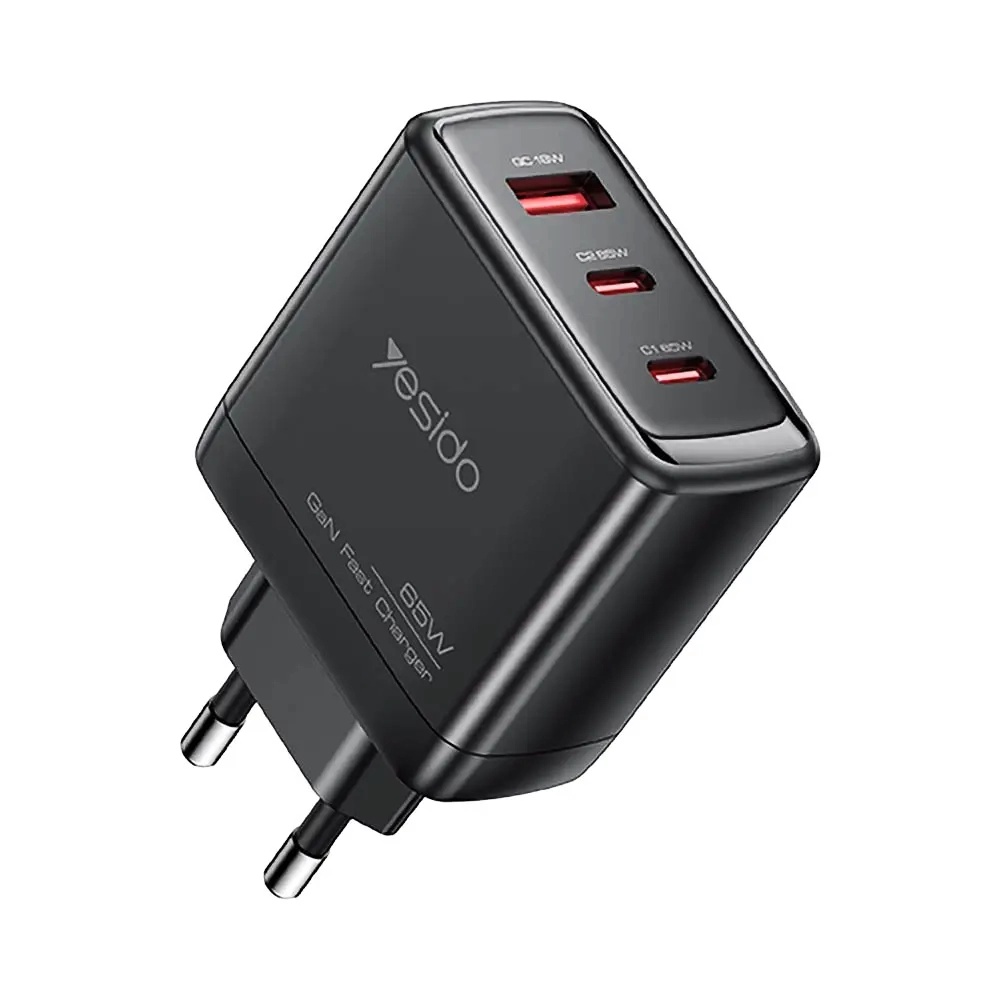 Мрежово зарядно устройство 3 в 1, USB, 2x Type-C, 65W, USB-C кабел, 1 m - Yesido (YC144C) - черно