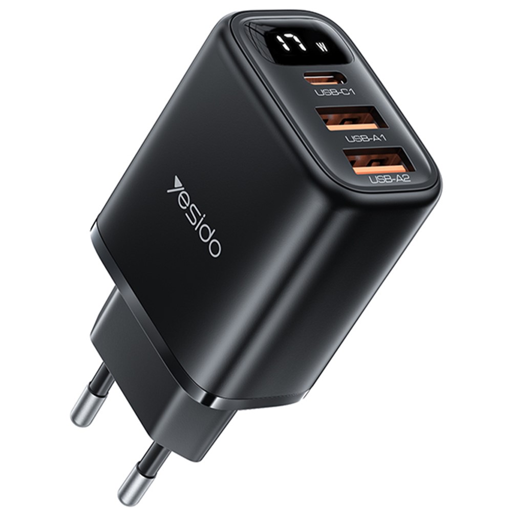 Мрежово зарядно устройство 3 в 1, 2x USB, Type-C, 17W - Yesido (YC67) - черно