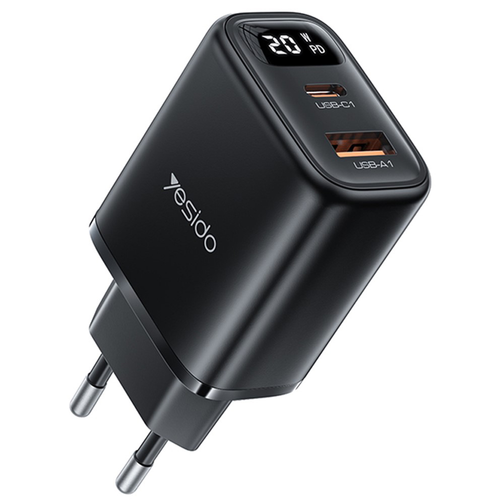 Мрежово зарядно 2 в 1 с цифров дисплей, USB, Type-C, 20W - Yesido (YC68) - черно