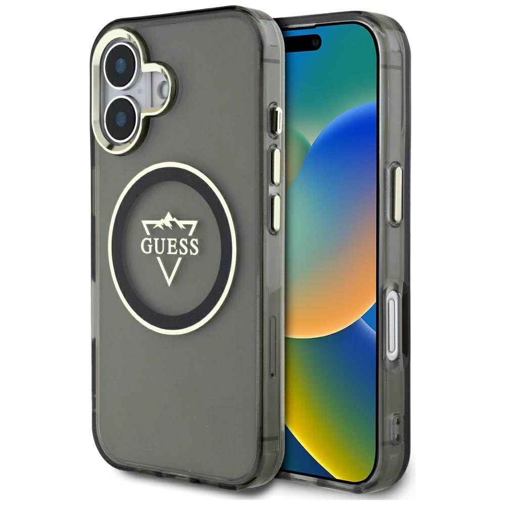 Калъф за iPhone 16 - Guess IML Metal Mountain Metal Logo MagSafe (GUHMP16SHFGTMSLSK) - Черен