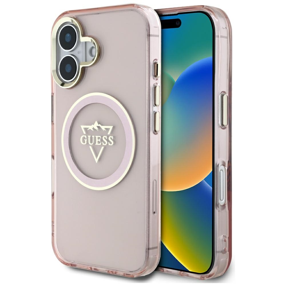 Калъф за iPhone 16 - Guess IML Metal Metal Mountain Logo MagSafe (GUHMP16SHFGTMSLSP) - Розов