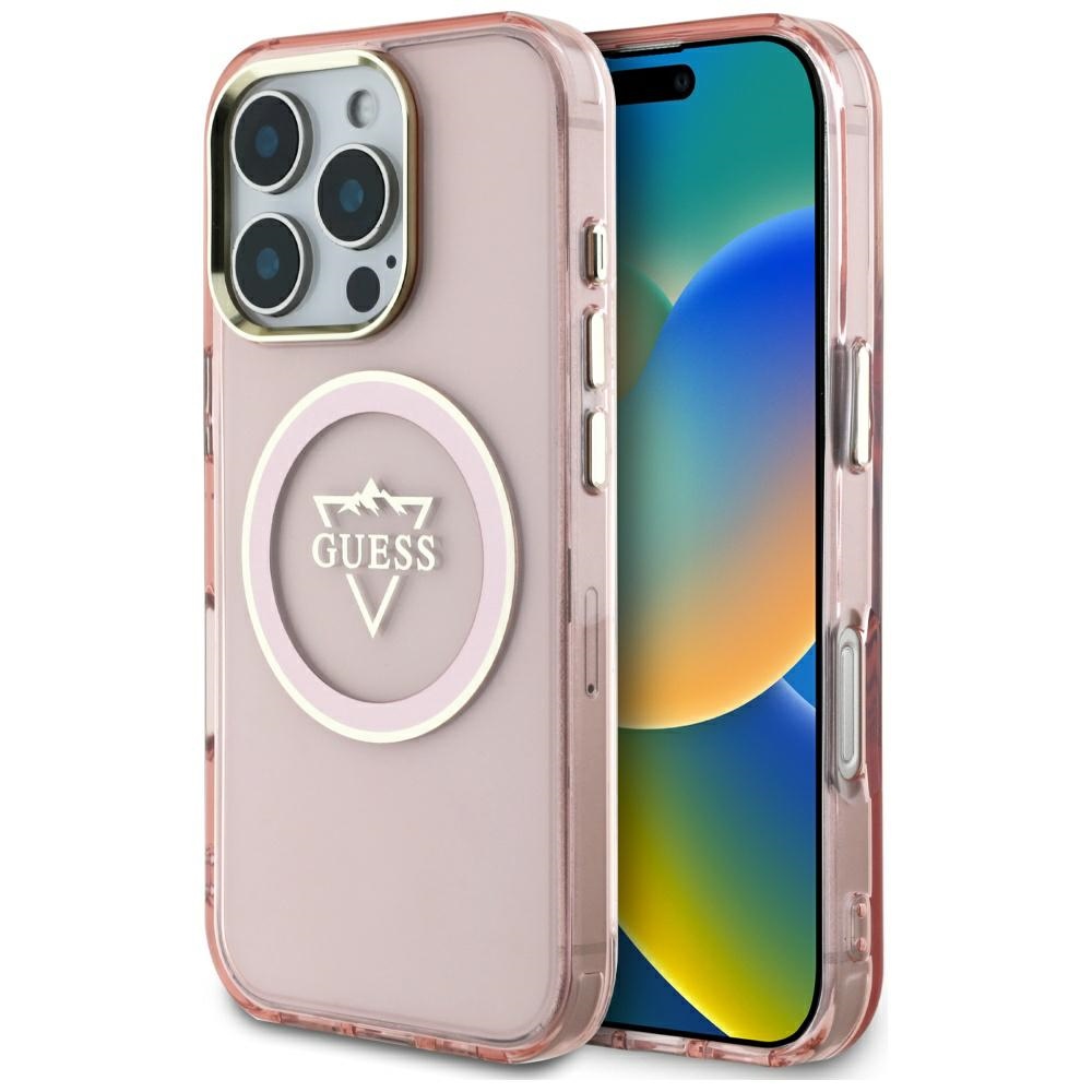 Калъф за iPhone 16 Pro - Guess IML Metal Metal Mountain Logo MagSafe (GUHMP16LHFGTMSLSP) - Розов