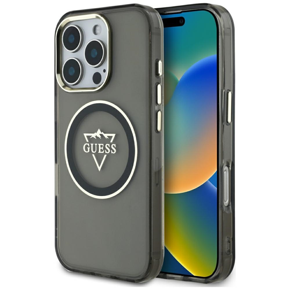 Калъф за iPhone 16 Pro Max - Guess IML Metal Mountain Metal Logo MagSafe (GUHMP16XHFGTMSLSK) - Черен