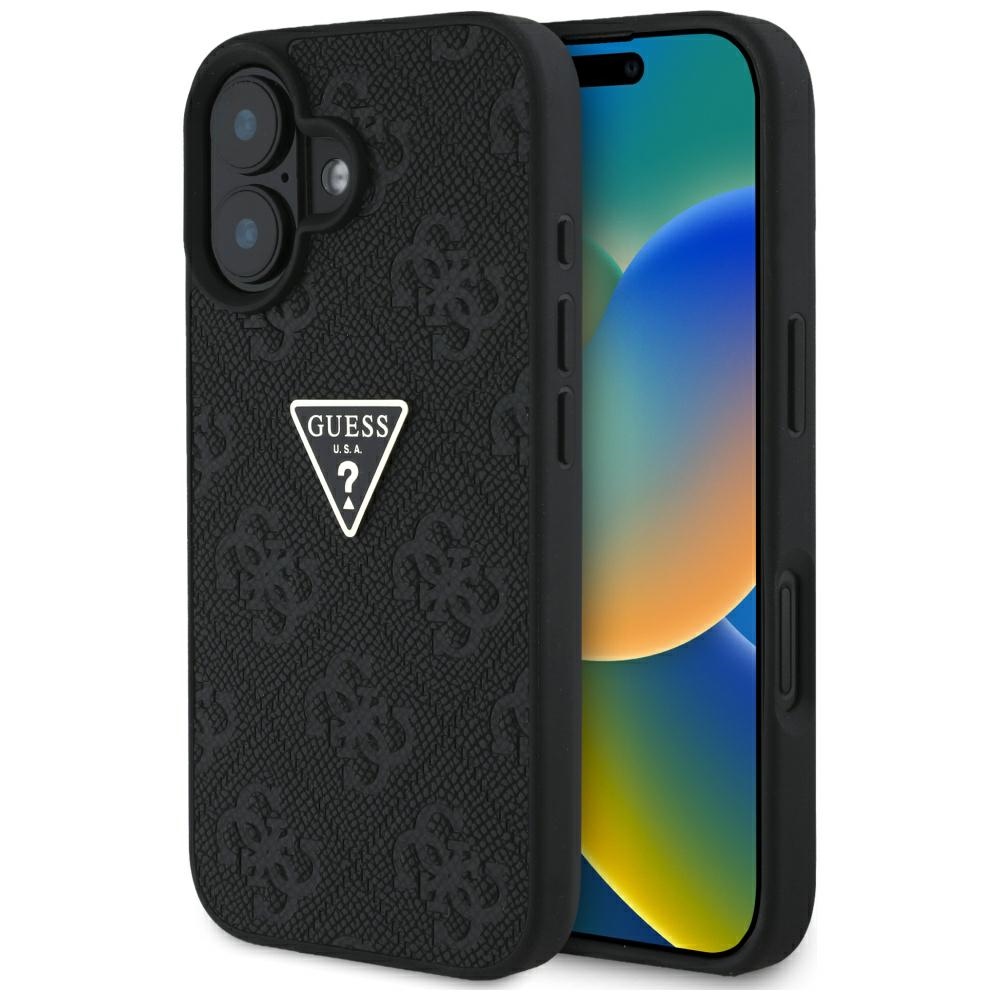Калъф за iPhone 16 - Guess Leather Hot Stamp 4G Pattern Triangle Metal Metal Logo (GUHCP16SPGP4STRK) - Черен