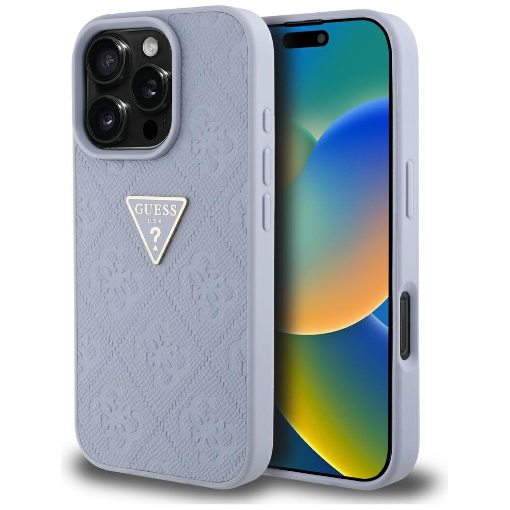 Чантичка за iPhone 16 Pro - Guess Leather Hot Stamp 4G Pattern Triangle Metal Metal Logo (GUHCP16LPGP4STRU) - Светло лилаво
