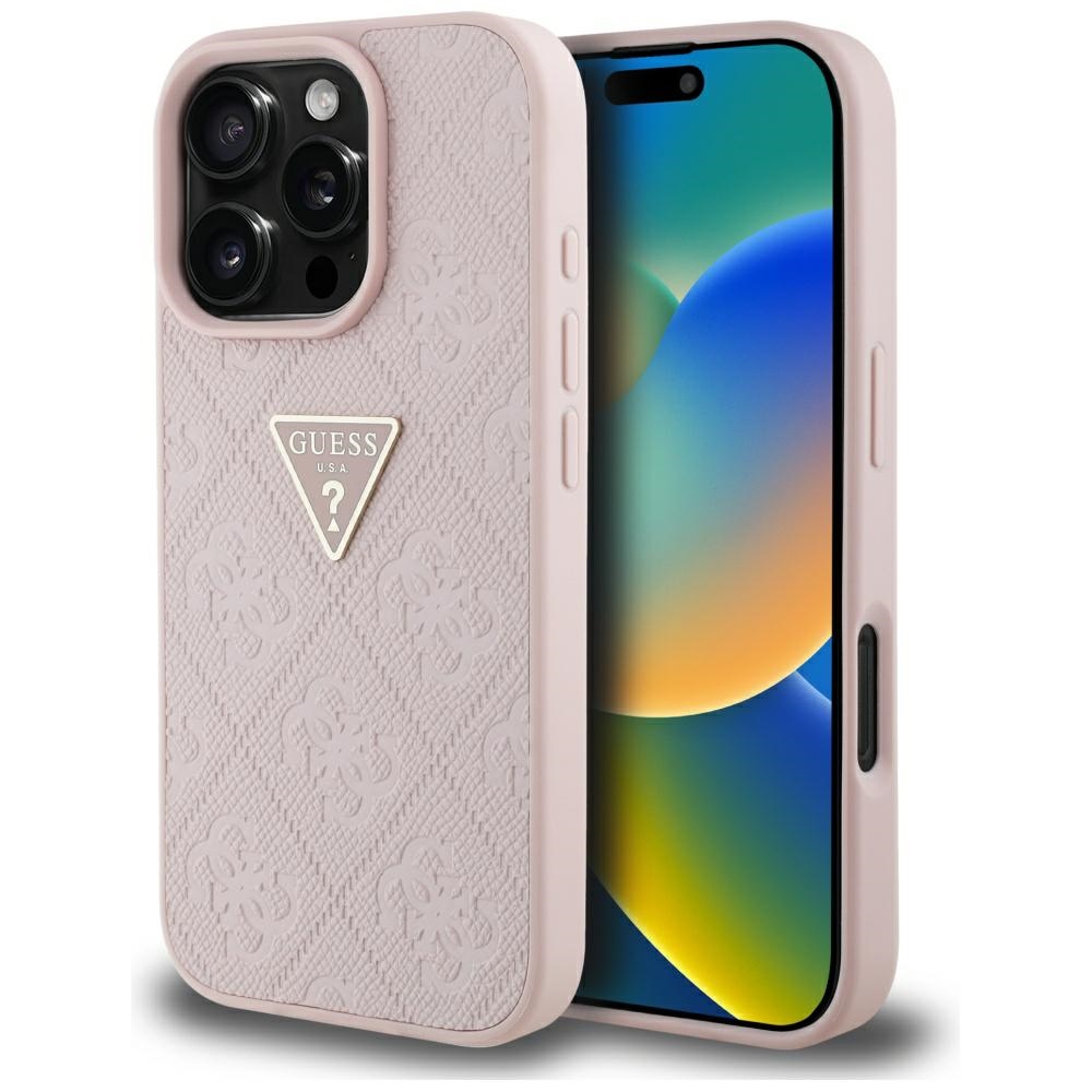 Калъф за iPhone 16 Pro Max - Guess Leather Hot Stamp 4G Pattern Triangle Metal Logo Triangle (GUHCP16XPGPGP4STRP) - Розов