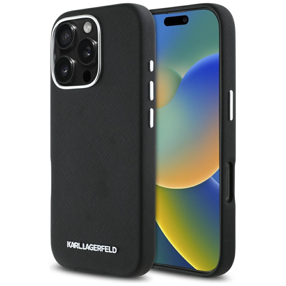 Калъф за iPhone 16 Pro - Karl Lagerfeld Saffiano Full Wrapped Elongated Elongated Metal Logo MagSafe (KLHMP16LPSAFWMCK) - Черен