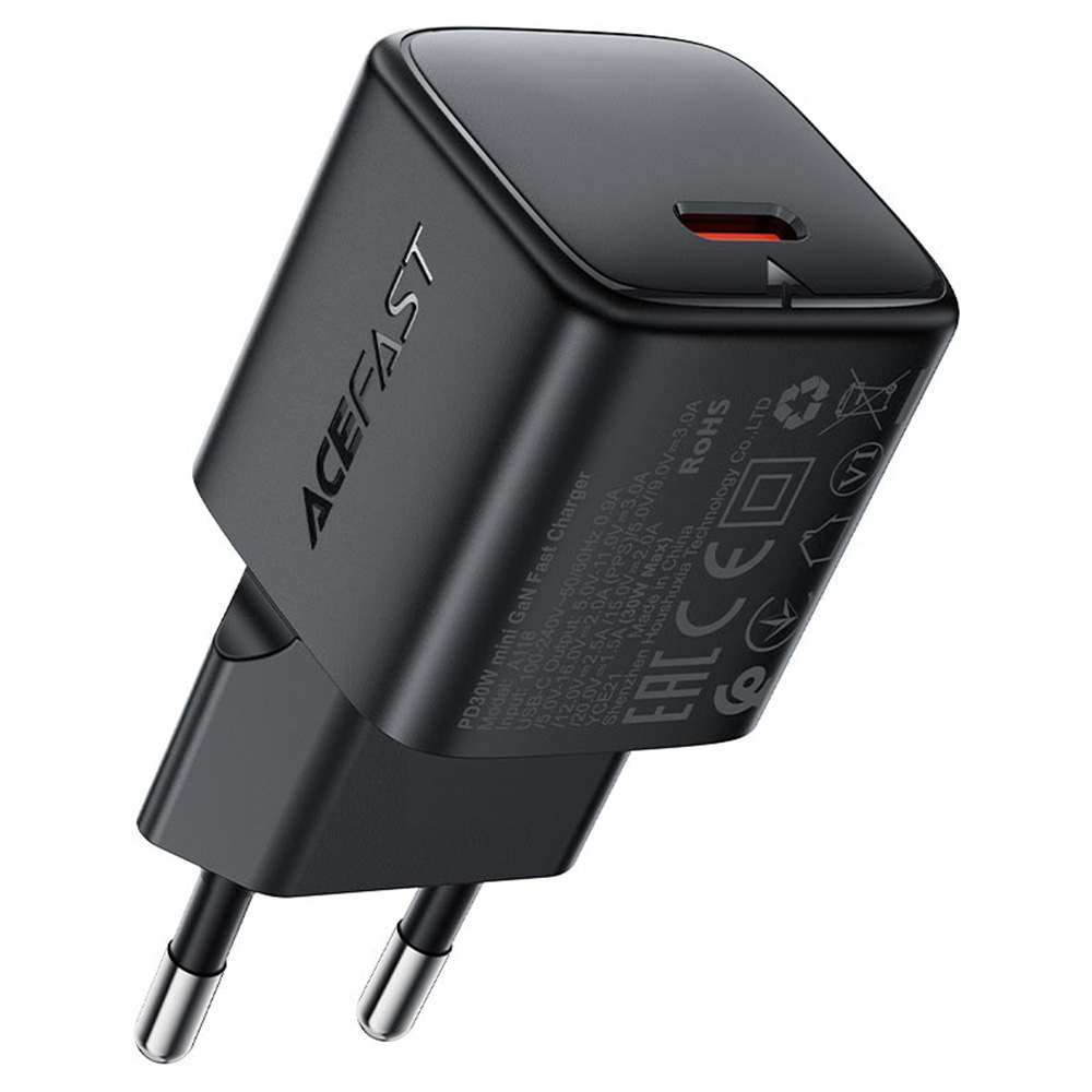Захранване за гнездо, 1xUSB-C, GaN, 30W - Acefast (A118) - Черен