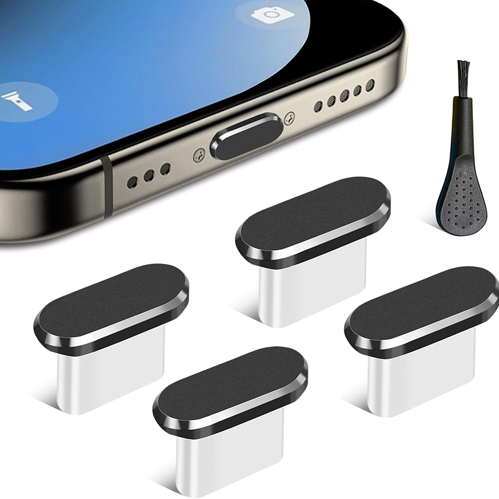 Device Port Protector, Anti-Dust, Type-C, Aluminium, Silicone (set 4) - Techsuit (AD1) - Черен