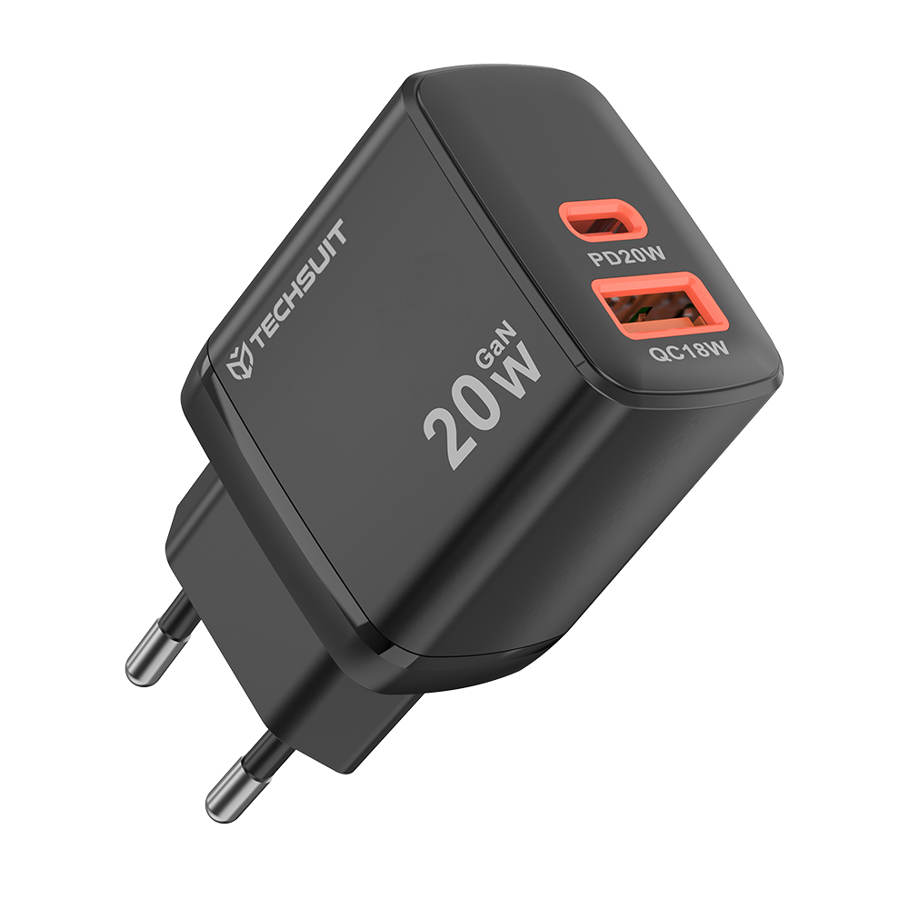 Стенно зарядно устройство, USB, двойно зарядно устройство тип C за пътуване, 20 W - Techsuit Duonix20W (CH2) - черно