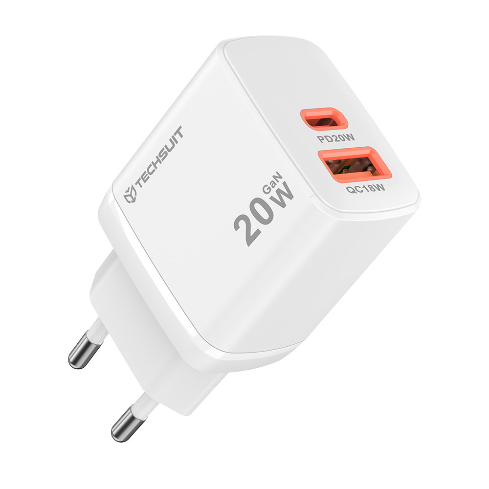 Стенно зарядно устройство, USB, двойно зарядно устройство тип C, 20W - Techsuit Duonix20W (CH2) - бяло