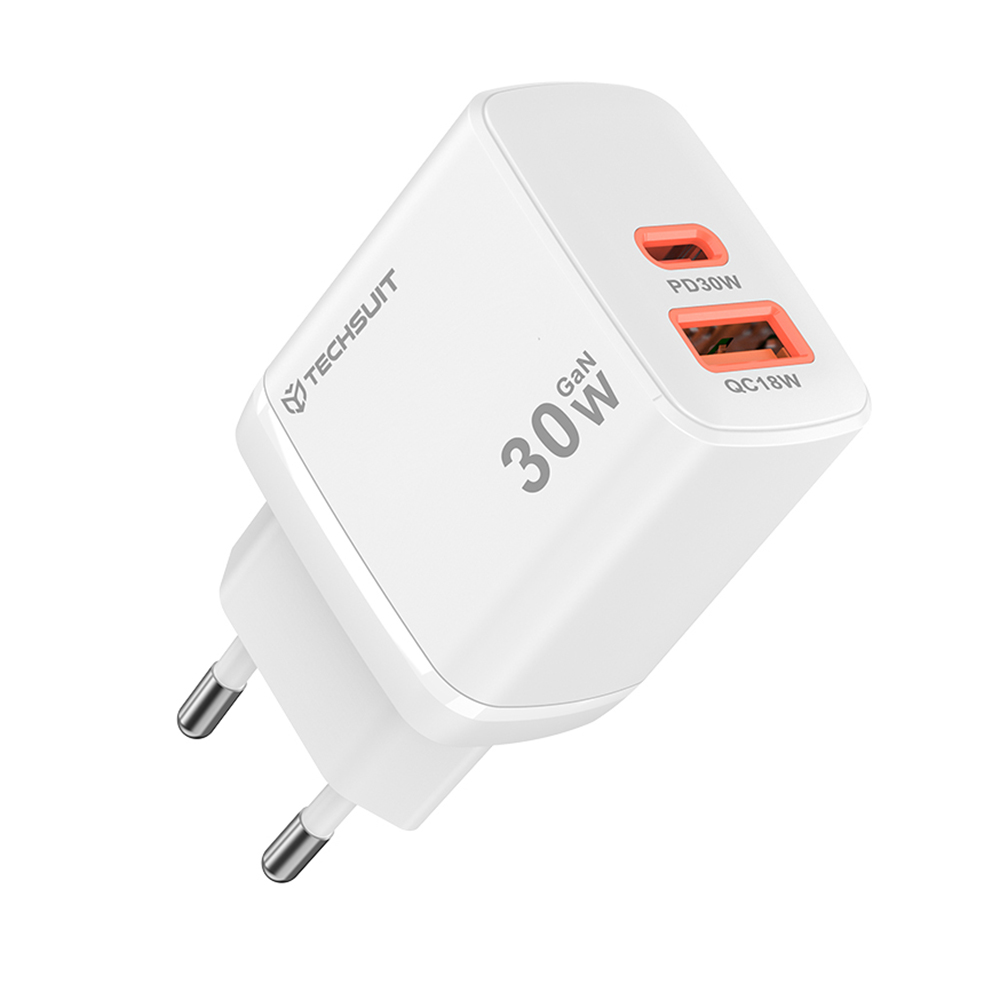Стенно зарядно устройство, USB, двойно зарядно устройство тип C за пътуване, 30 W - Techsuit Duonix30W (CH1) - бяло