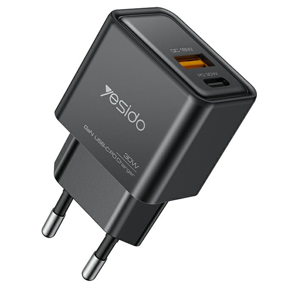 Компактен щепсел адаптер с два Type-C + USB-A порта за зареждане - Yesido (YC64) - Черен