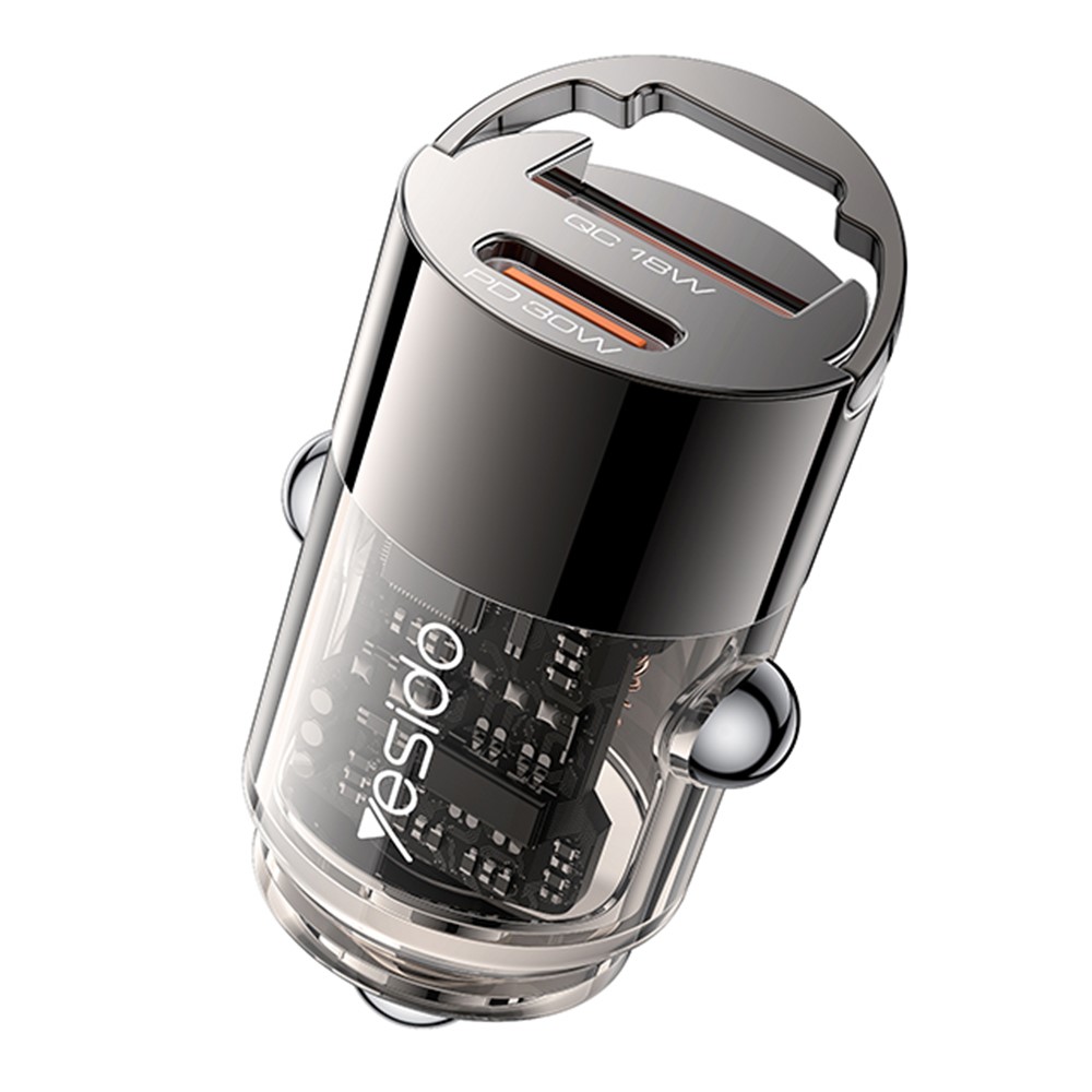 Зарядно за кола с прозрачен дизайн, USB-A, USB-C, PD30W - Yesido (Y68) - Черно