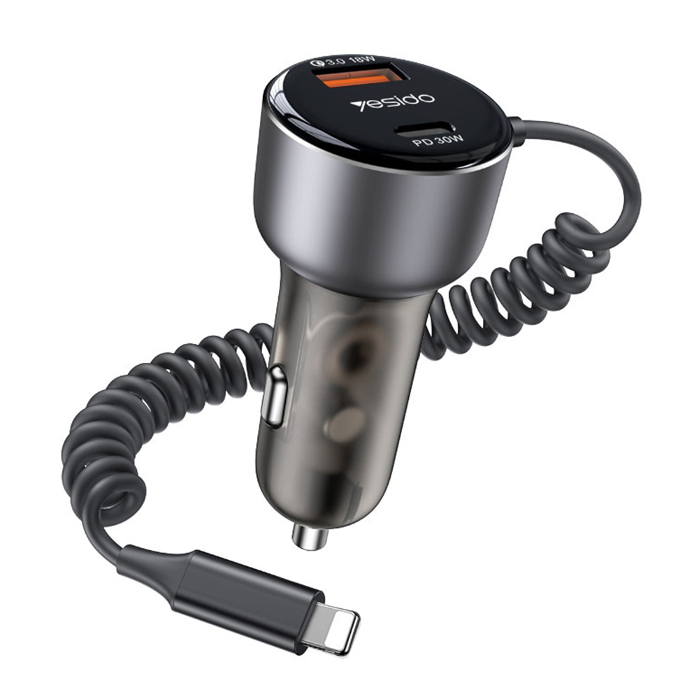 Зарядно за кола с Lightning кабел, 50 W, бързо зареждане, Type-C/USB-A - Yesido (Y57) - черно