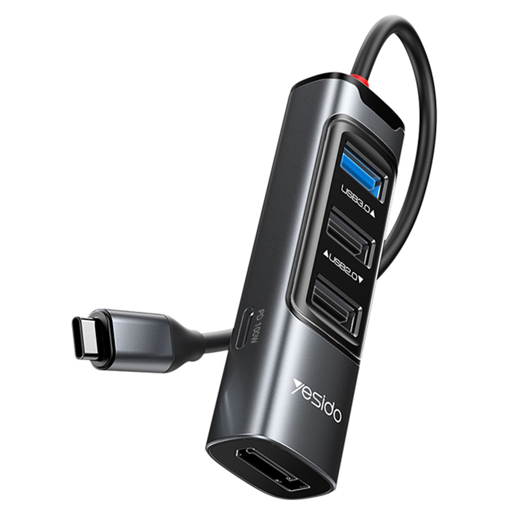 Мултипортов хъб, Type-C до 3x USB, USB-C, DisplayPort, PD100W 4K@30Hz, 5Gbps - Yesido (HB23) - Сив