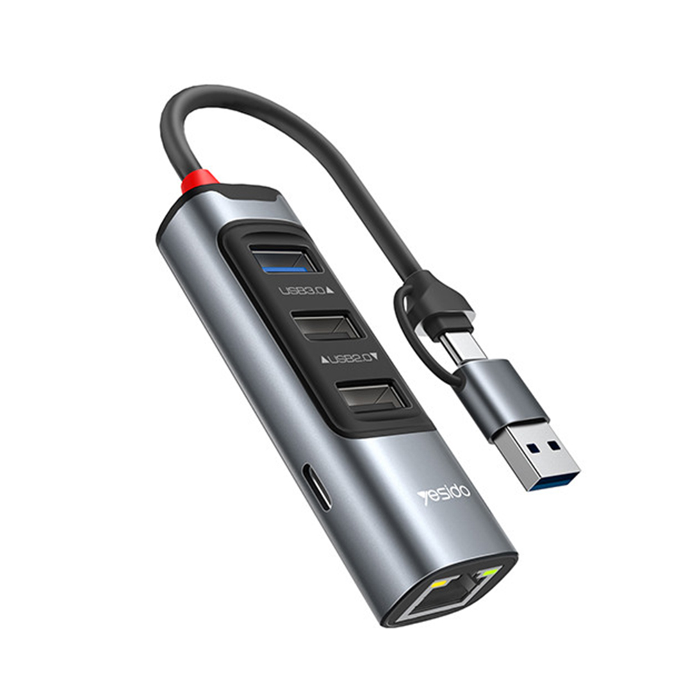 Мултипортов хъб, USB, Type-C до 3x USB, USB-C, RJ45, PD100W, 5Gbps - Yesido (HB21) - Сив