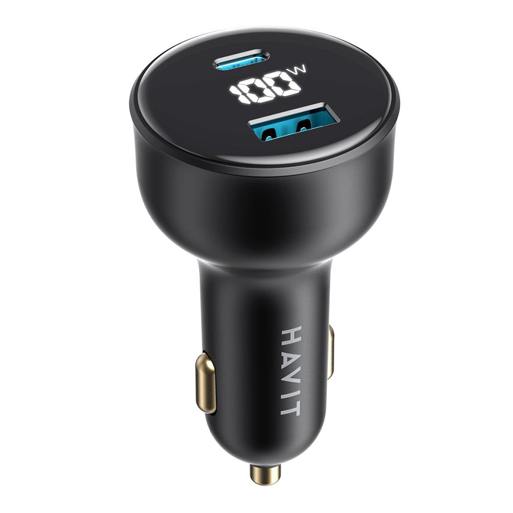 Зарядно за кола с цифров дисплей, USB, Type-C, PD100W - Havit (CC100W) - черно