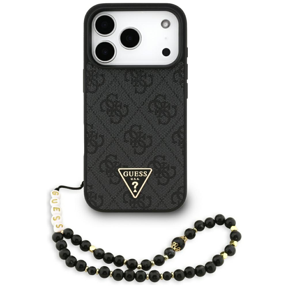 Калъф за iPhone 17 Pro - Guess Hardcase 4G Triangle Logo MagSafe с каишка за кабел (GUHMP17LP4TSDPPSK) - Черен