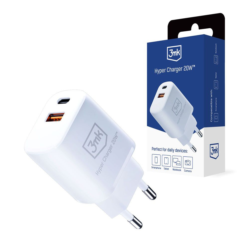 Зарядно устройство с щепсел, USB-A, USB-C, 20W, захранване и бързо зареждане - 3mk Hyper - бяло