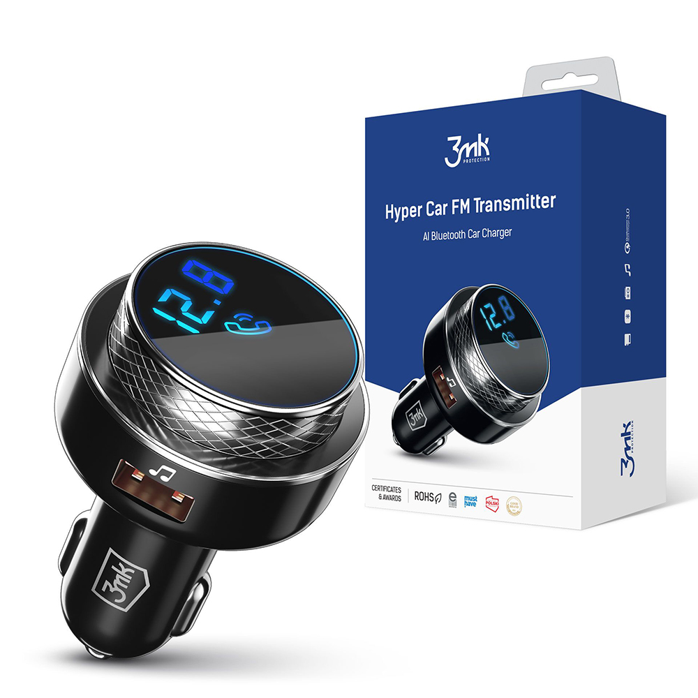 FM трансмитер за кола със зареждане на телефон, USB, 30W, QC - 3mk Hyper - Черно/сребристо