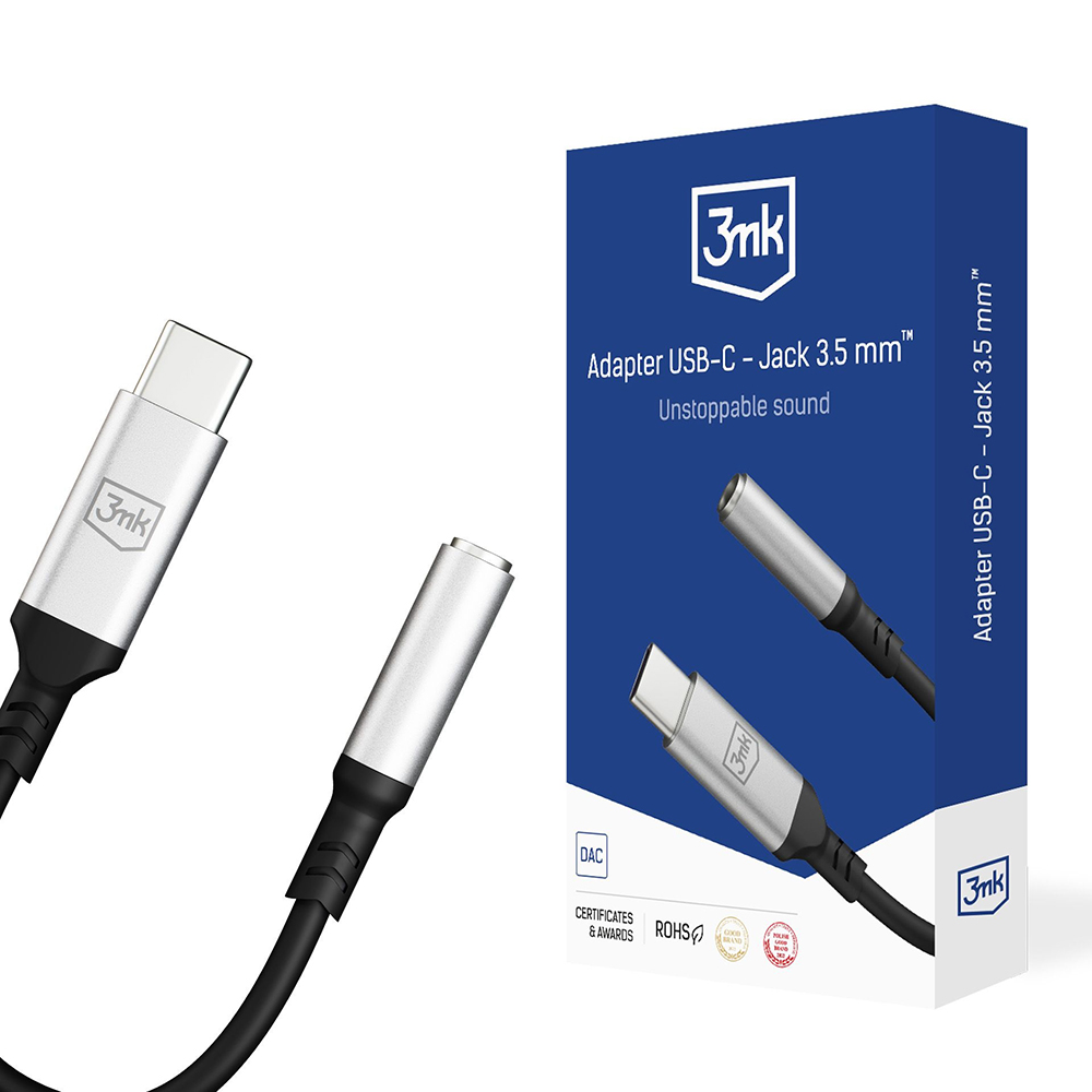 Аудио адаптер, USB-C към 3,5 mm жак, DAC чип, алуминий - 3mk - Сив