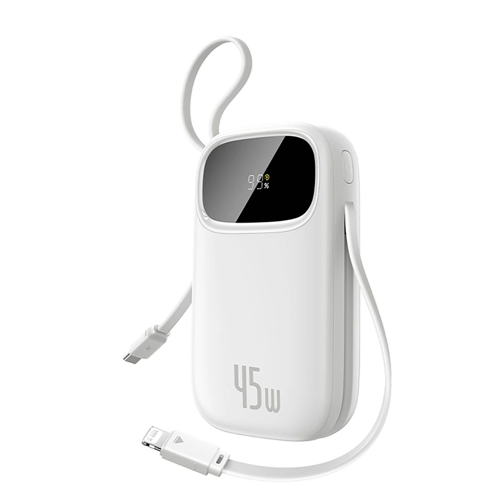 Power Bank, USB-C/Lightning кабели, 10000mAh, 45W, цифров дисплей - Baseus EnerFill FC31 Qpow 3 (E0028C01) - лунно бял